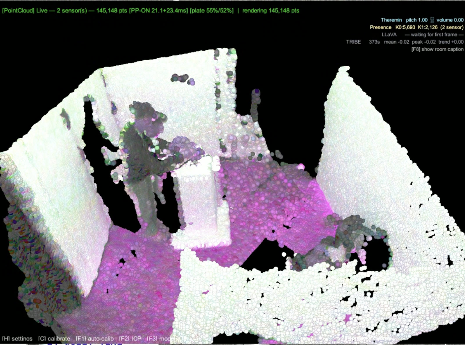 A visitor standing inside the merged two-sensor point cloud