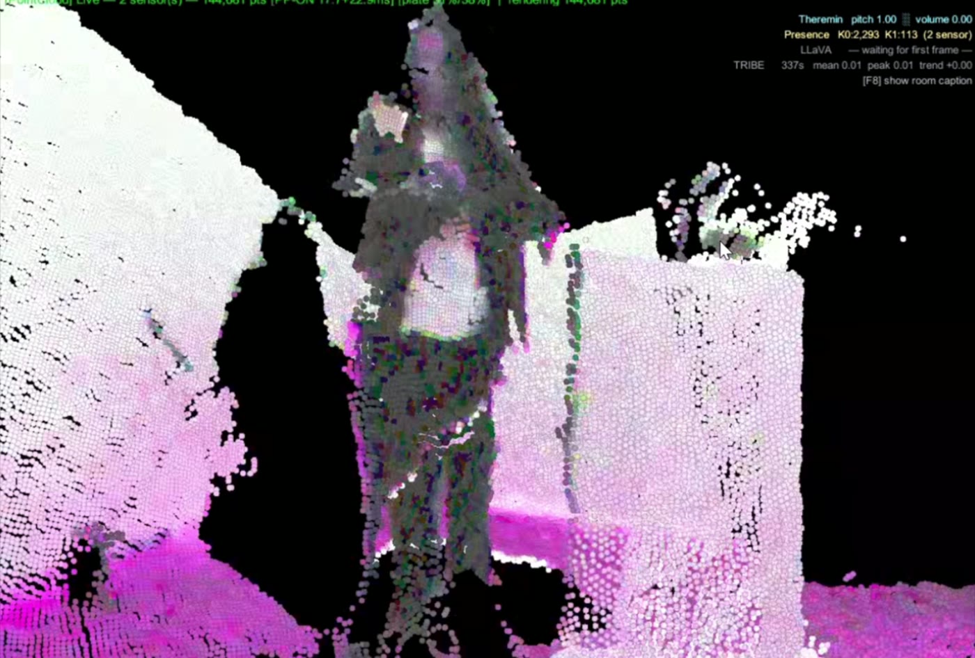 A visitor rendered as a standing figure in the point cloud