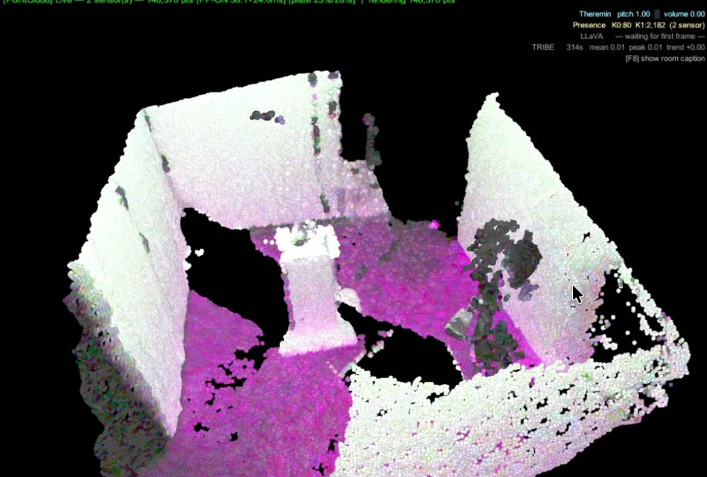 Wide orbiting view of the merged point cloud, the room opened up